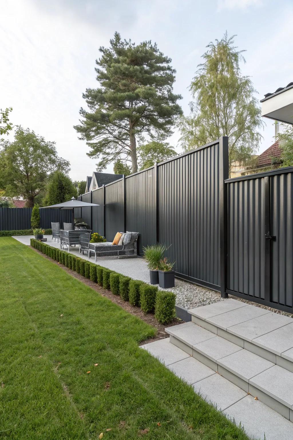 A modern backyard showcasing a sleek, minimalist metallic privacy fence.