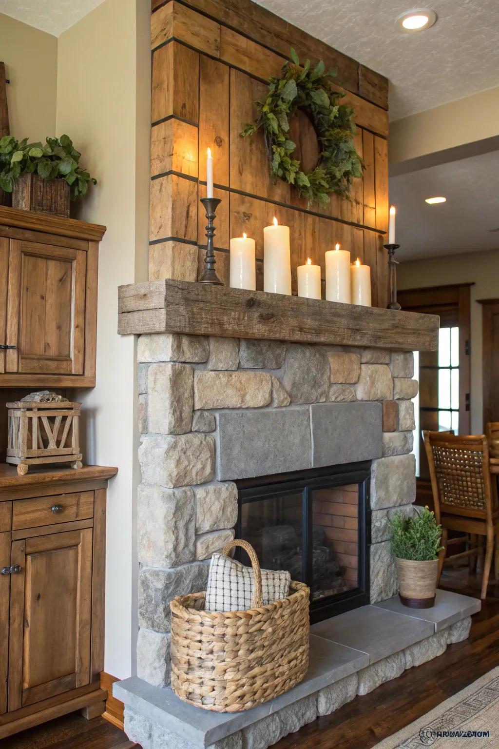 A high mantel presenting country-style appeal using lumber and rock aspects.