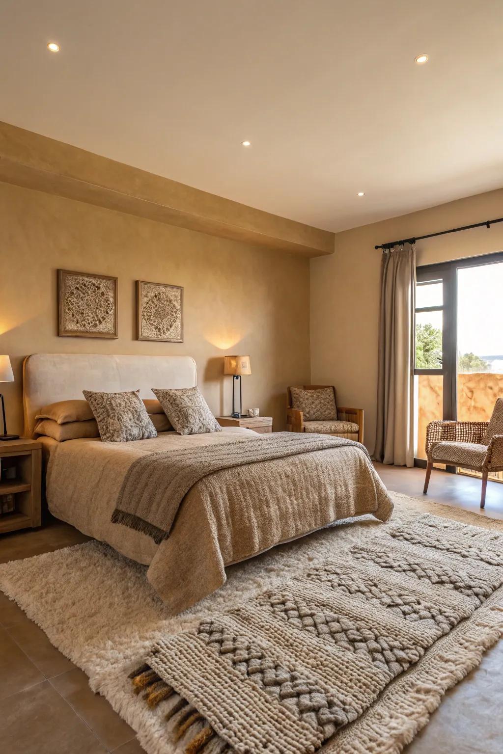 The tan décor is made more comfortable by the addition of plush rugs and fabrics.
