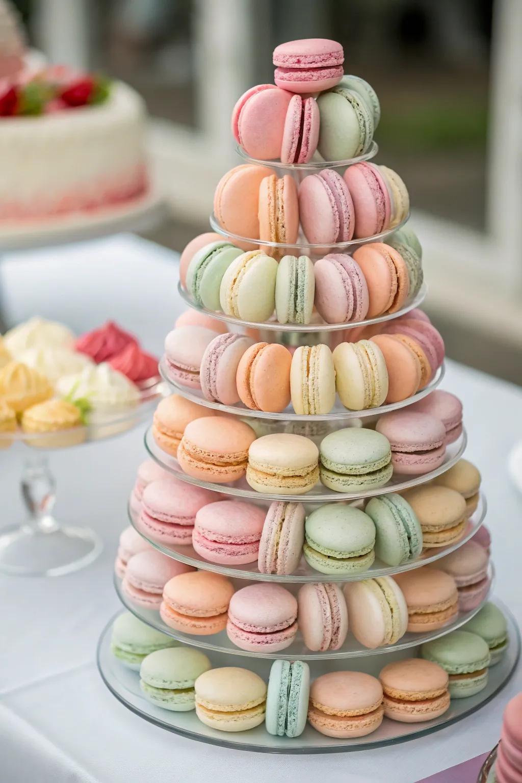 Delicate macaron pyramids contribute elegance and sweetness.