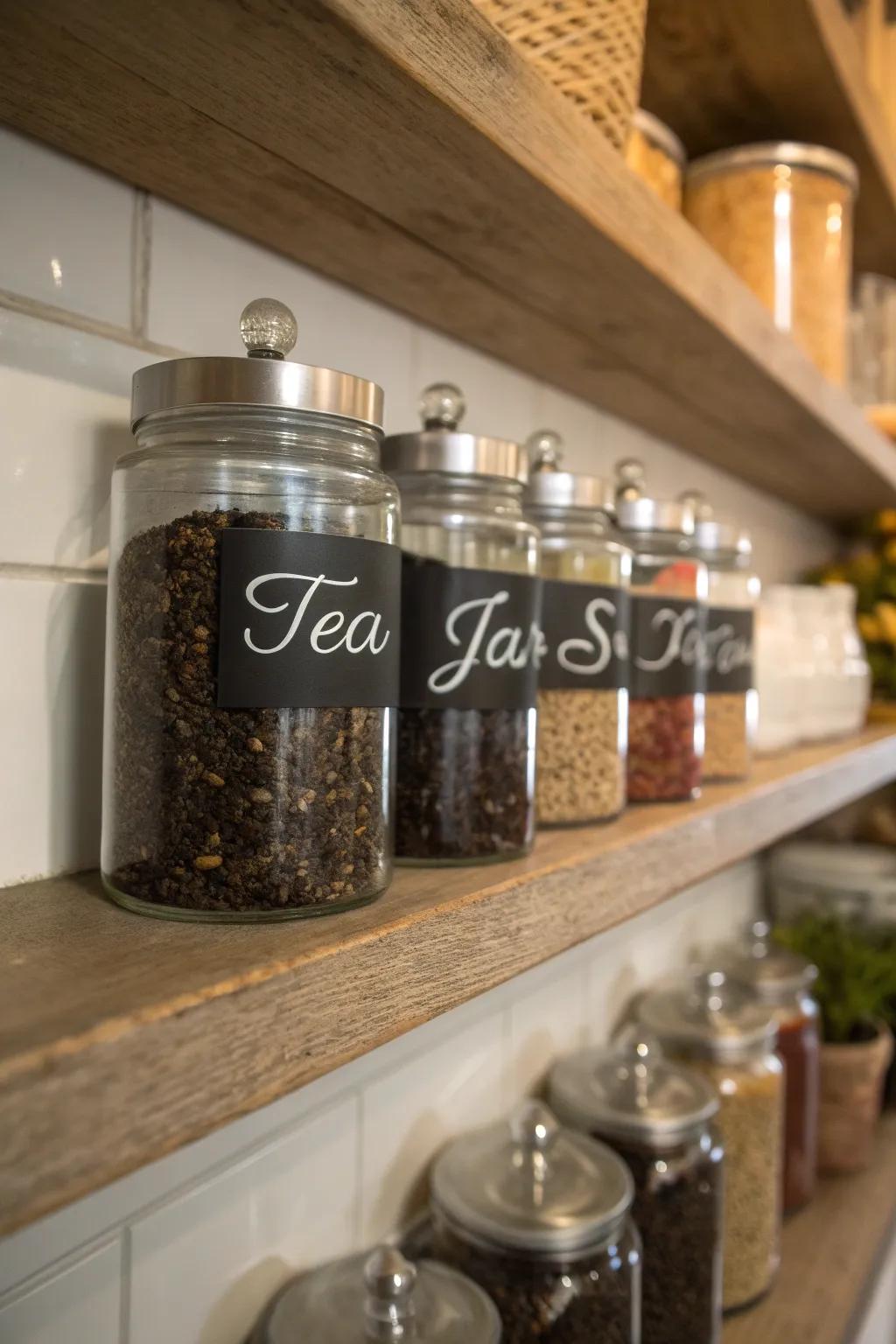 Clearly labeled tea containers for quick identification.