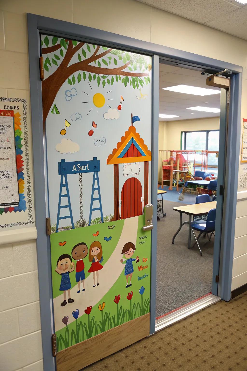 A playful recreation spot-themed door celebrating learning.