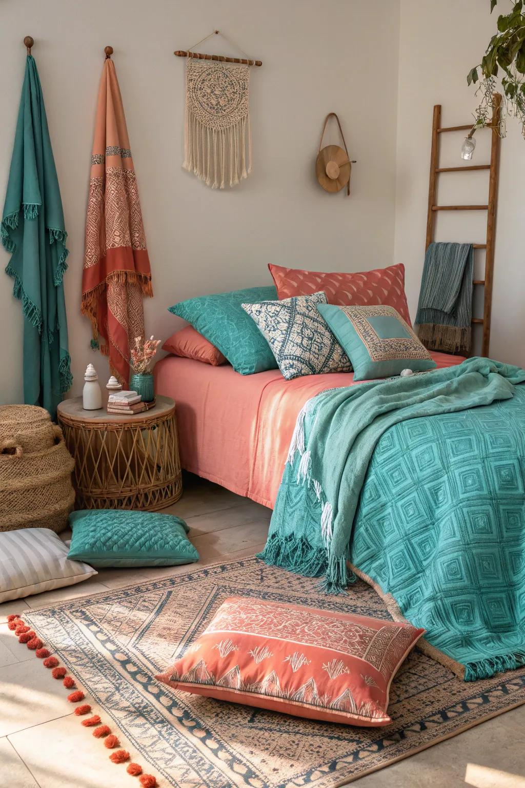A mix of textiles in aqua and peach for a cozy atmosphere.