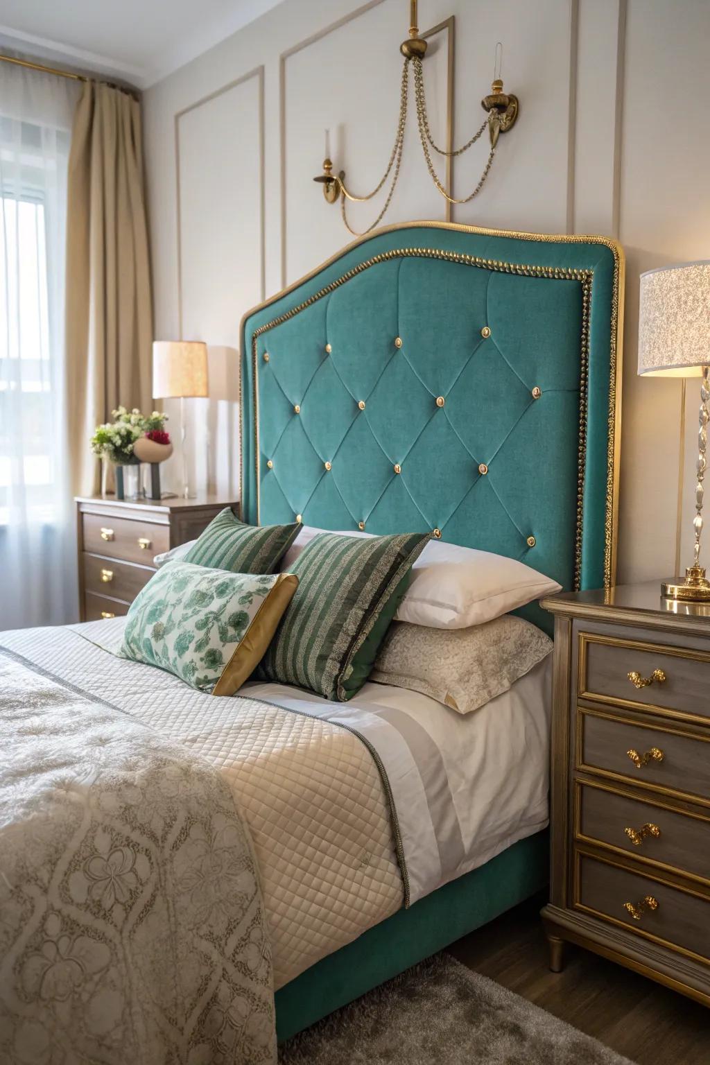 A horizon cushioned headboard serves as a fashionable center point in this sleeping quarters.