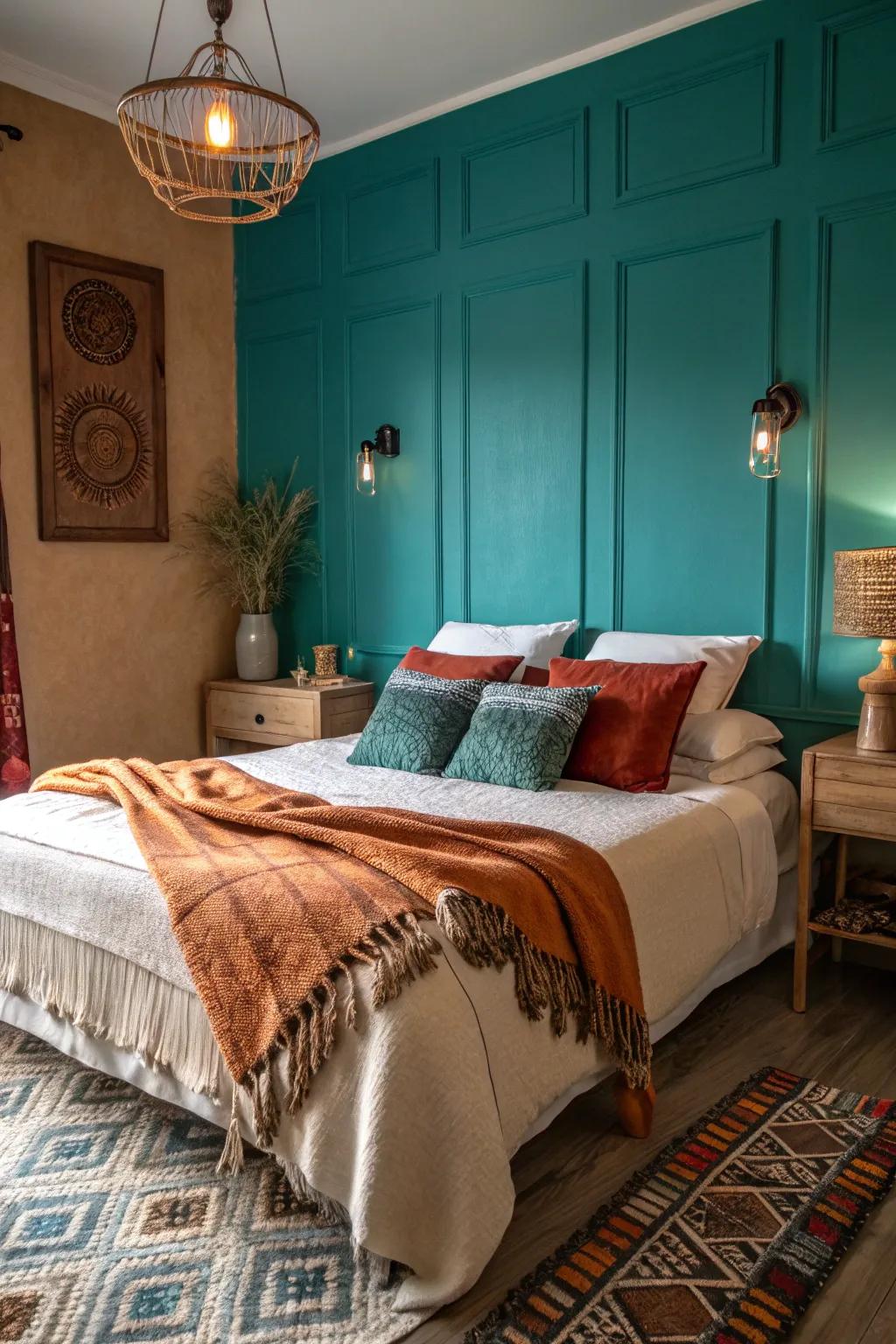 A restful bedroom featuring a teal accent wall paired with soft fabrics.