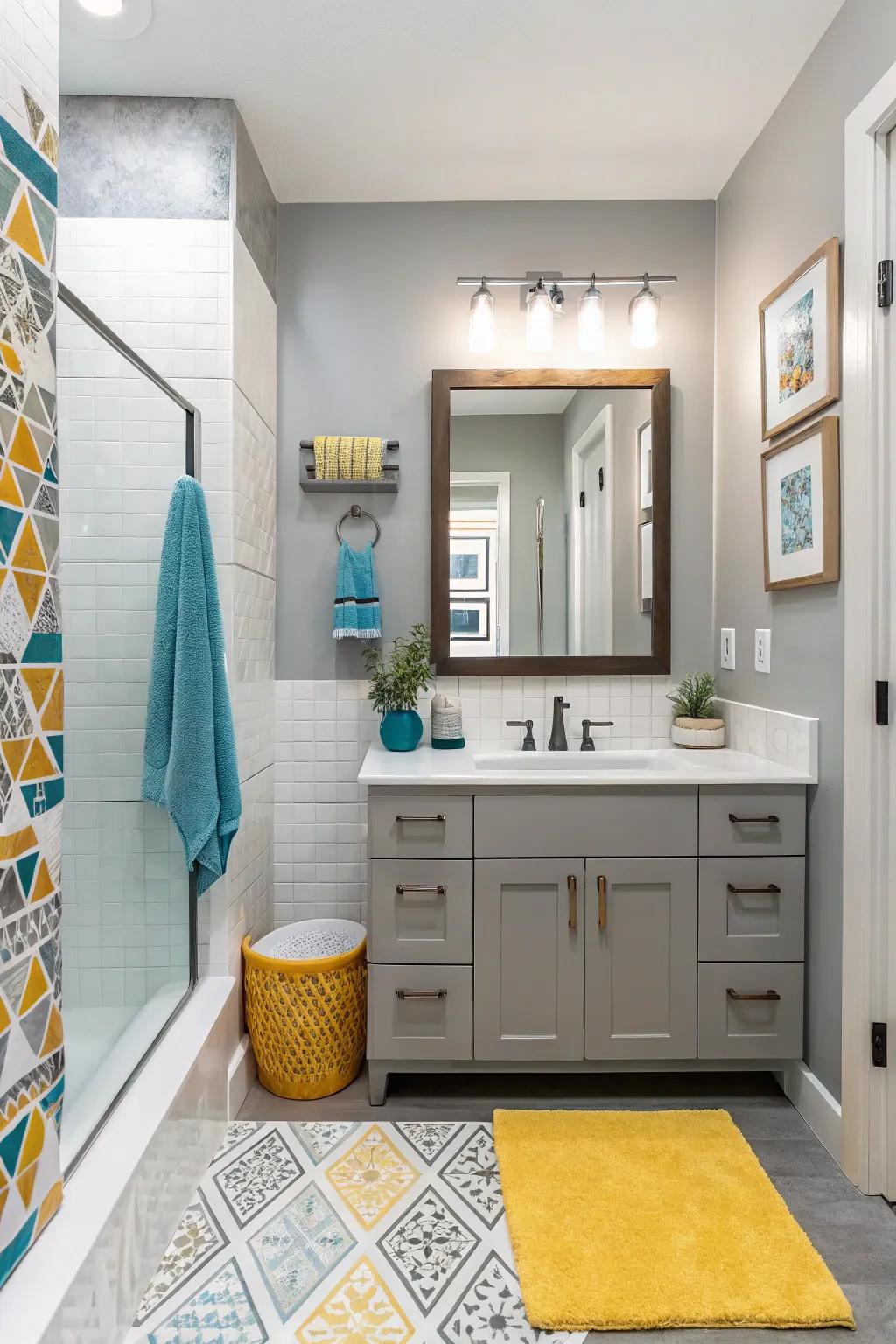 A simple base with colorful accents creates a balanced and adaptable space.