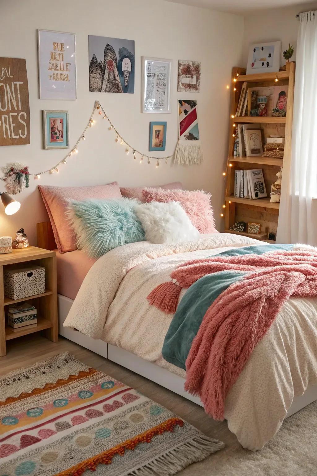 An inviting resting area serves as the centerpiece of a teen's refuge.