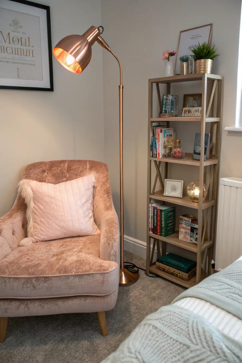 A reading spot with rose gold details is perfect for relaxation.