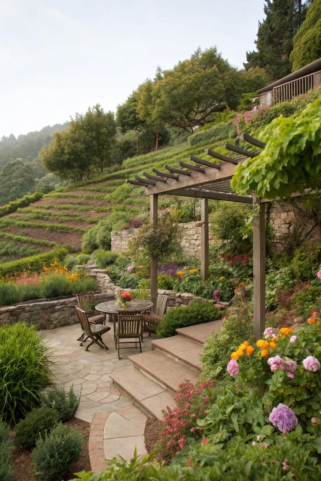 A stylish arbor in a terraced garden providing shade and enhancing the space's elegance.