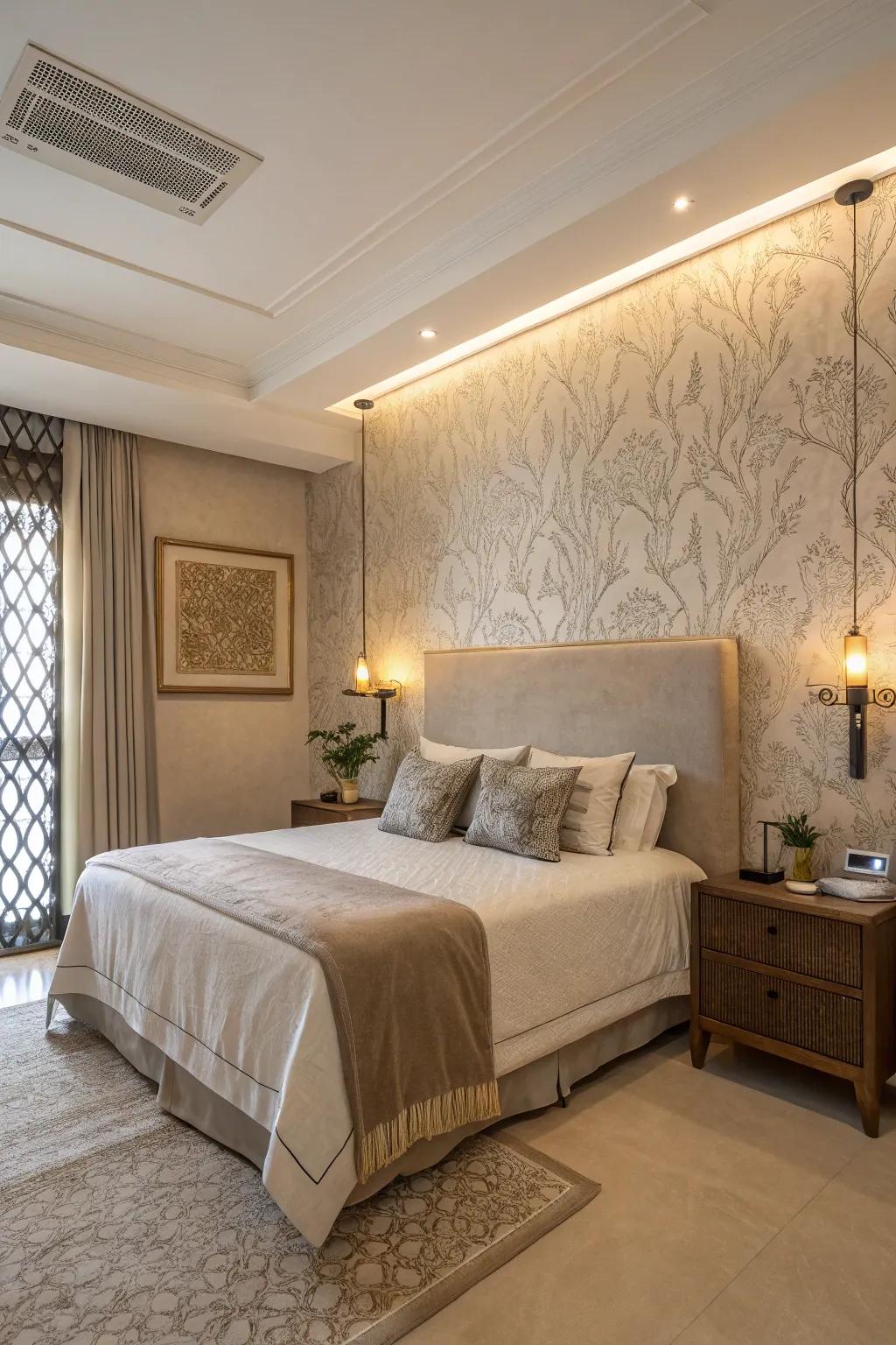 A bedroom showcasing a refined textured wall in neutral tones.