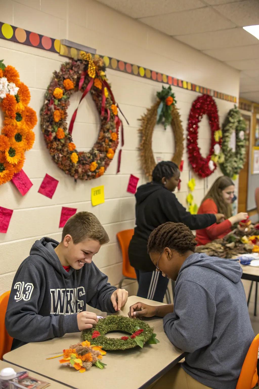 Students show off their Thanksgiving wreaths.