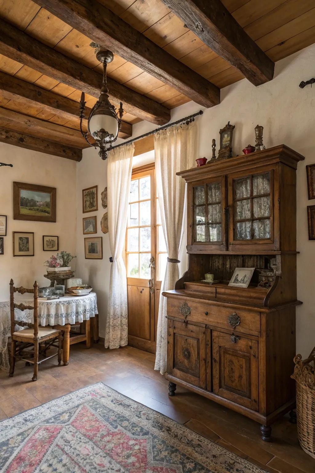 Rustic charm featuring raw wood elements and nostalgic vintage touches.