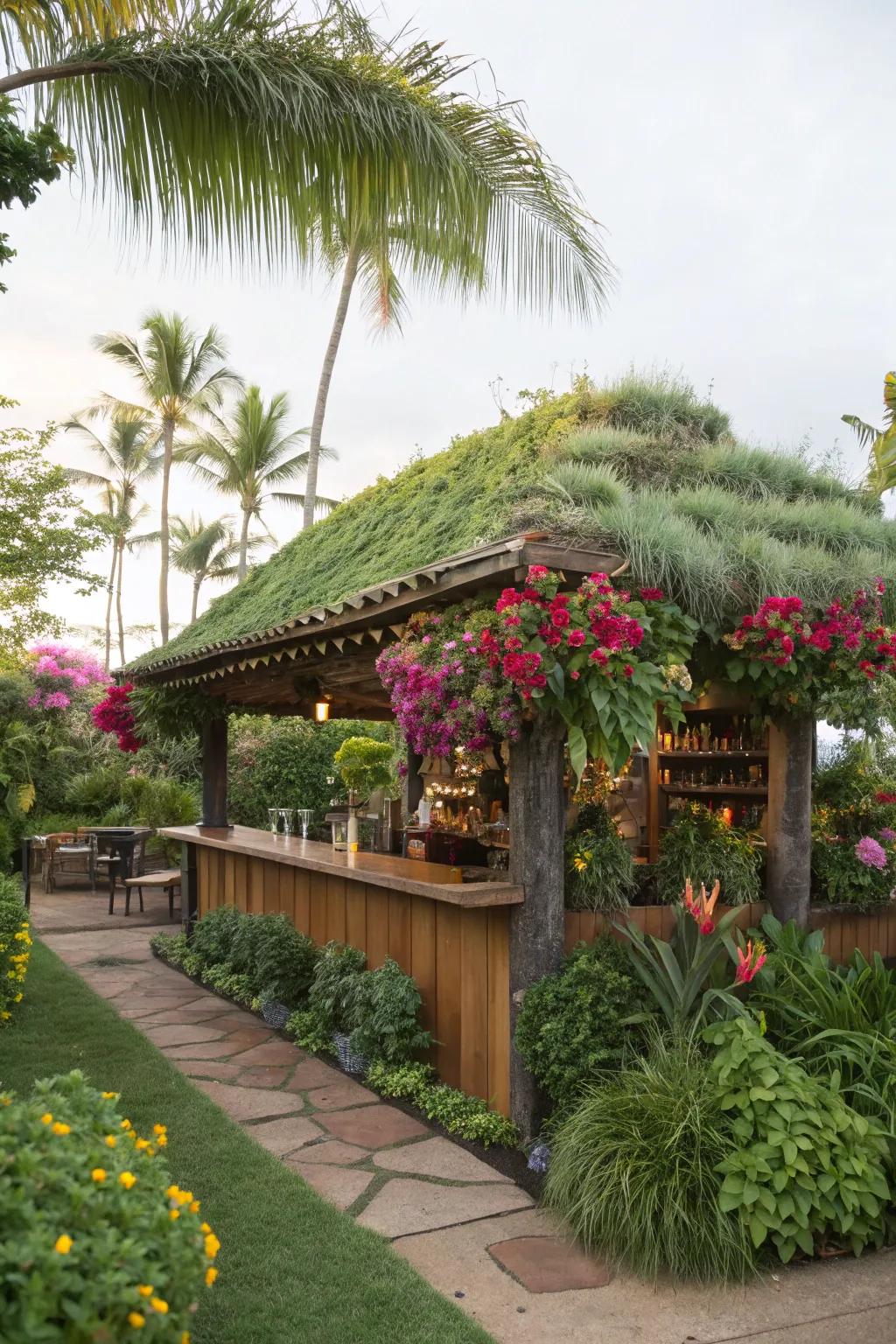 An ecologically beneficial, lush appearance is provided by a living green roof.