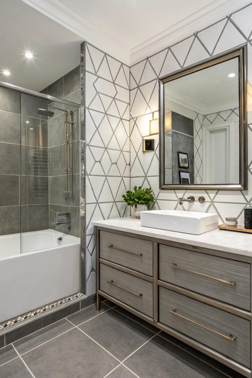 Metallic groove trims deliver a sleek, modern finish to tiled surfaces.