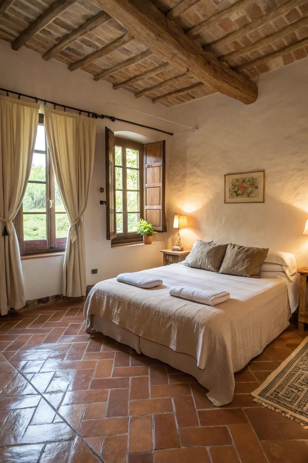Earth-toned flooring brings a natural tranquility to this peaceful bedroom.