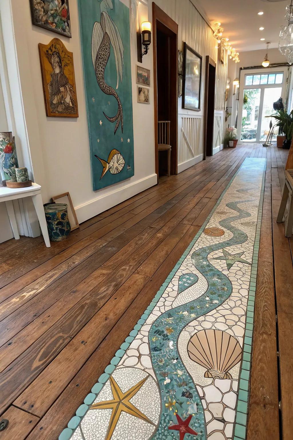 Aquatic-inspired tiles offer a playful evolution into hardwood flooring.
