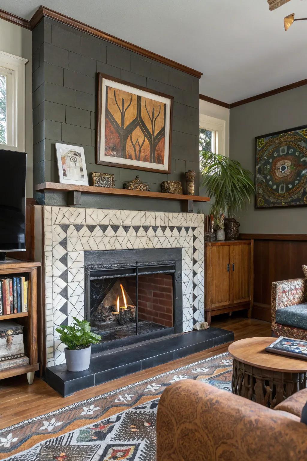 Mixing materials creates a vibrant and textured fireplace design.