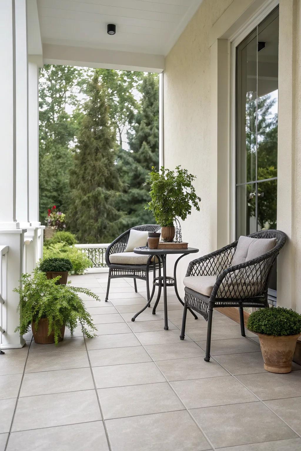Subdued tiles contribute a calm elegance to this porch.