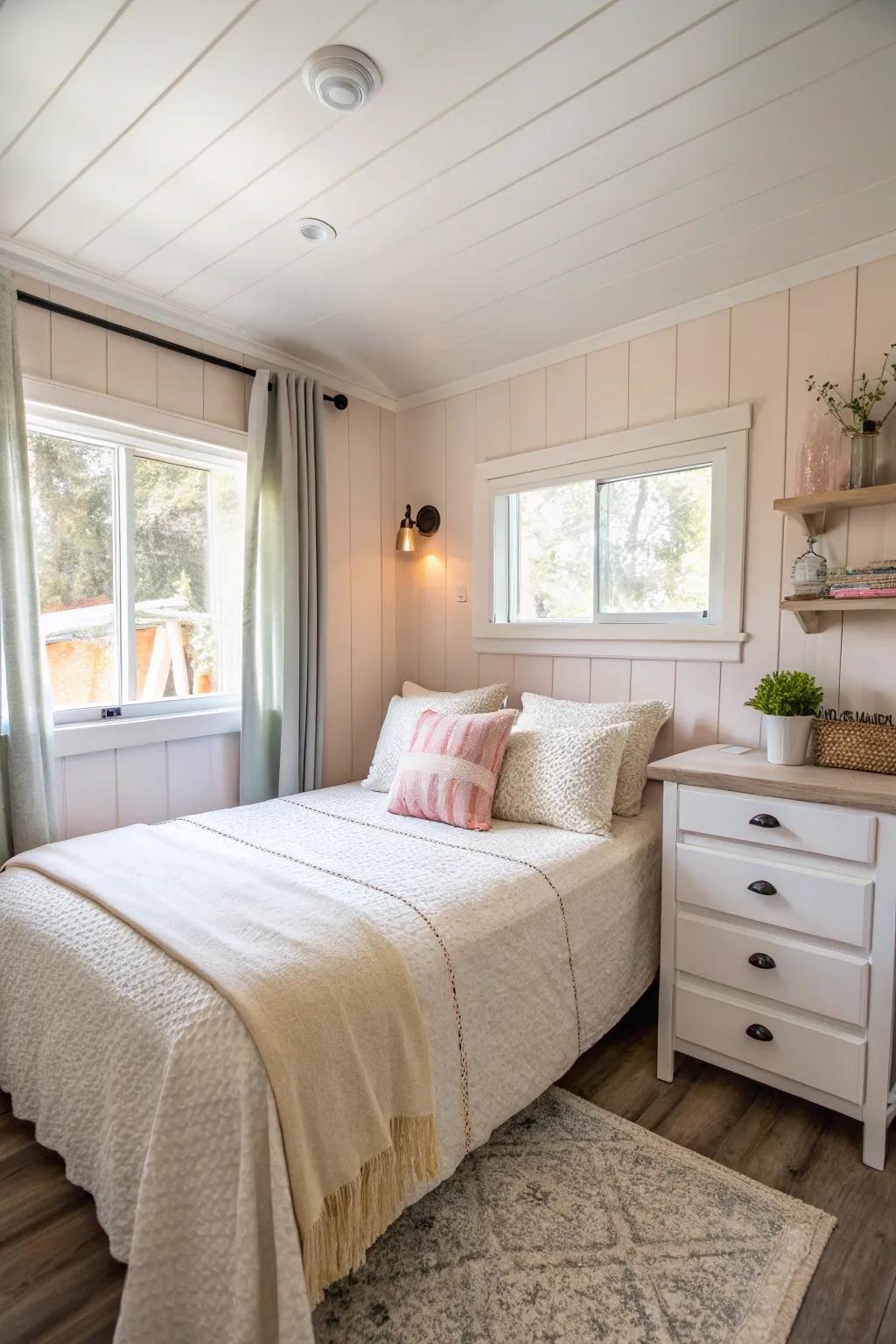 A calming neutral color scheme that enhances the feeling of space in the bedroom.