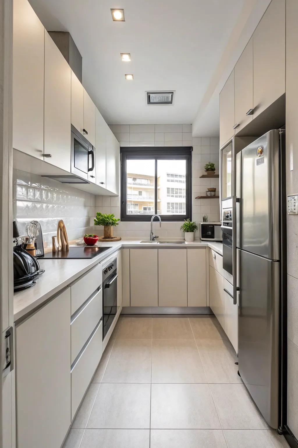 A streamlined arrangement optimizes utility in a compact culinary space.