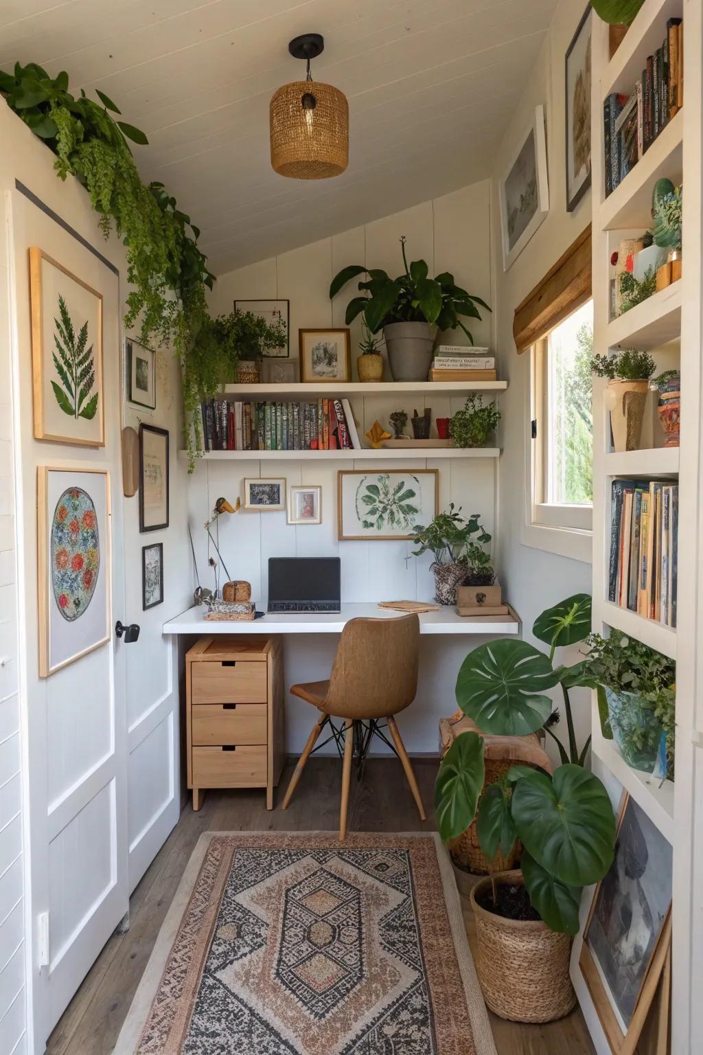 Personal touches infuse warmth and individuality into your compact office area.