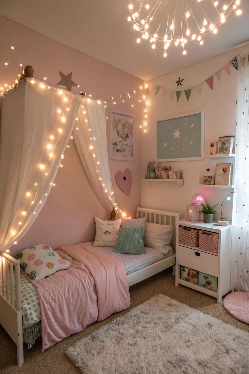 Miniature lights lend a magical shimmer to your toddler's space, ideal for bedtime stories.