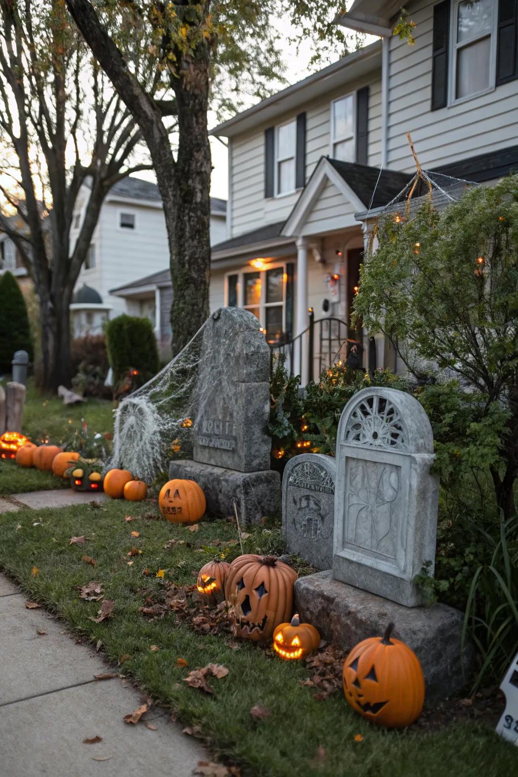 Multiple gravestones create an immersive cemetery effect.