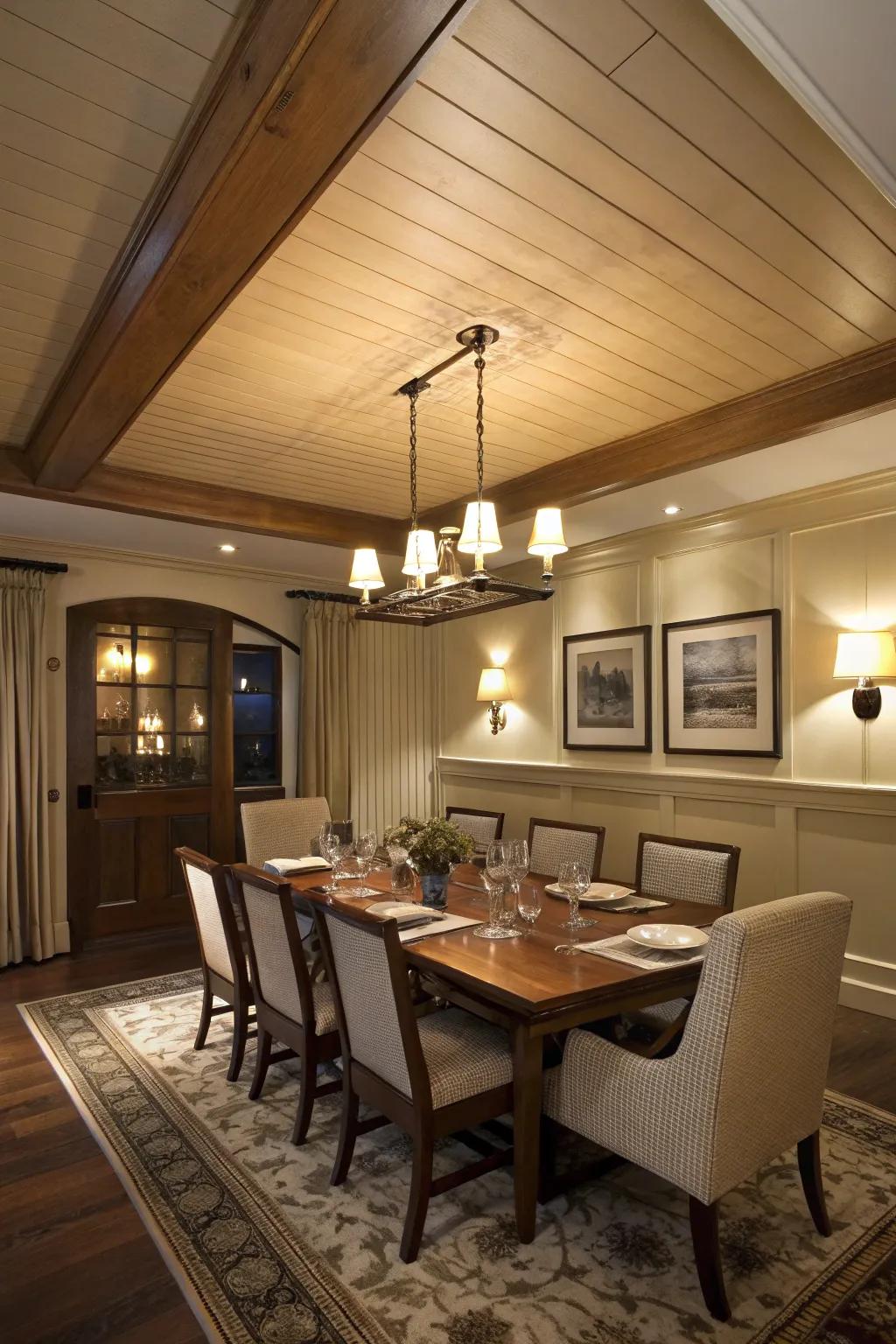 A dining space where a shiplap ceiling brings a dramatic and stylish element.