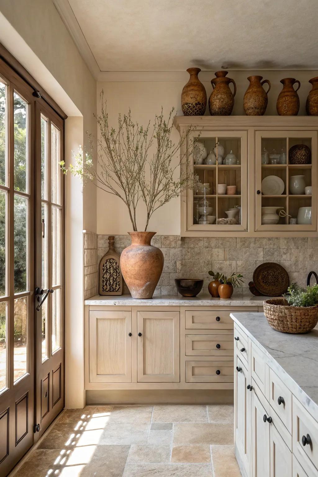 Attain refinement using decorations in neutral tones displayed above your cabinets.