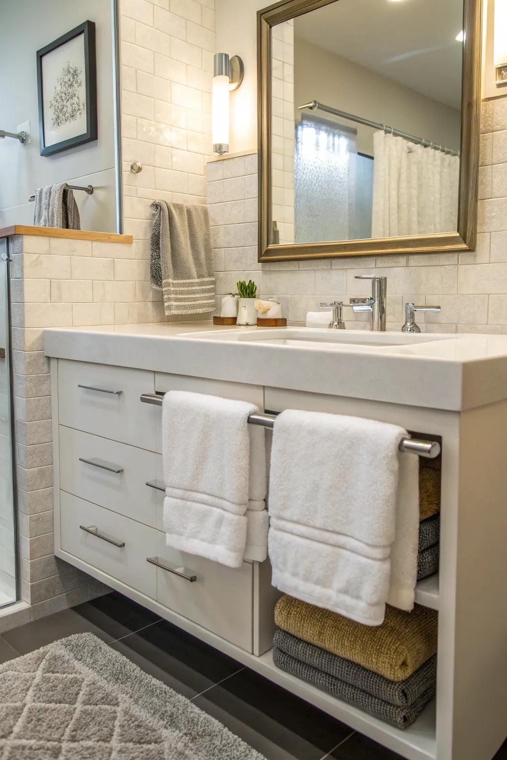 Maximize space with a towel rod installed under the sink.