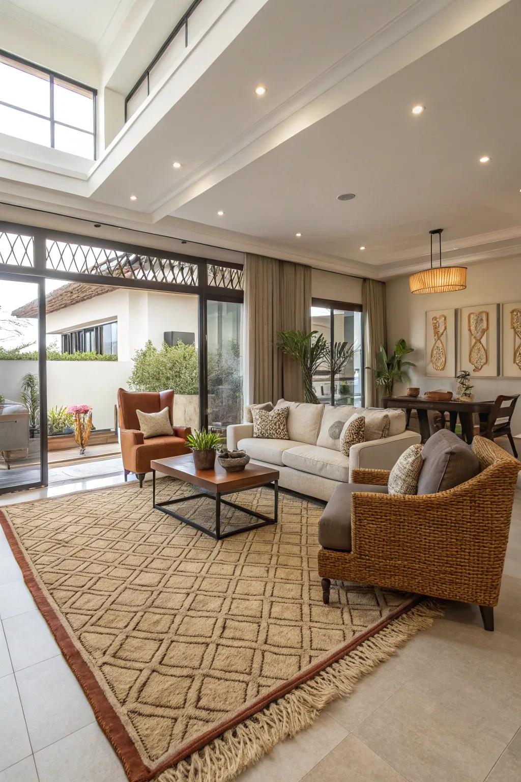 Open-plan area delineated by a defining floor covering
