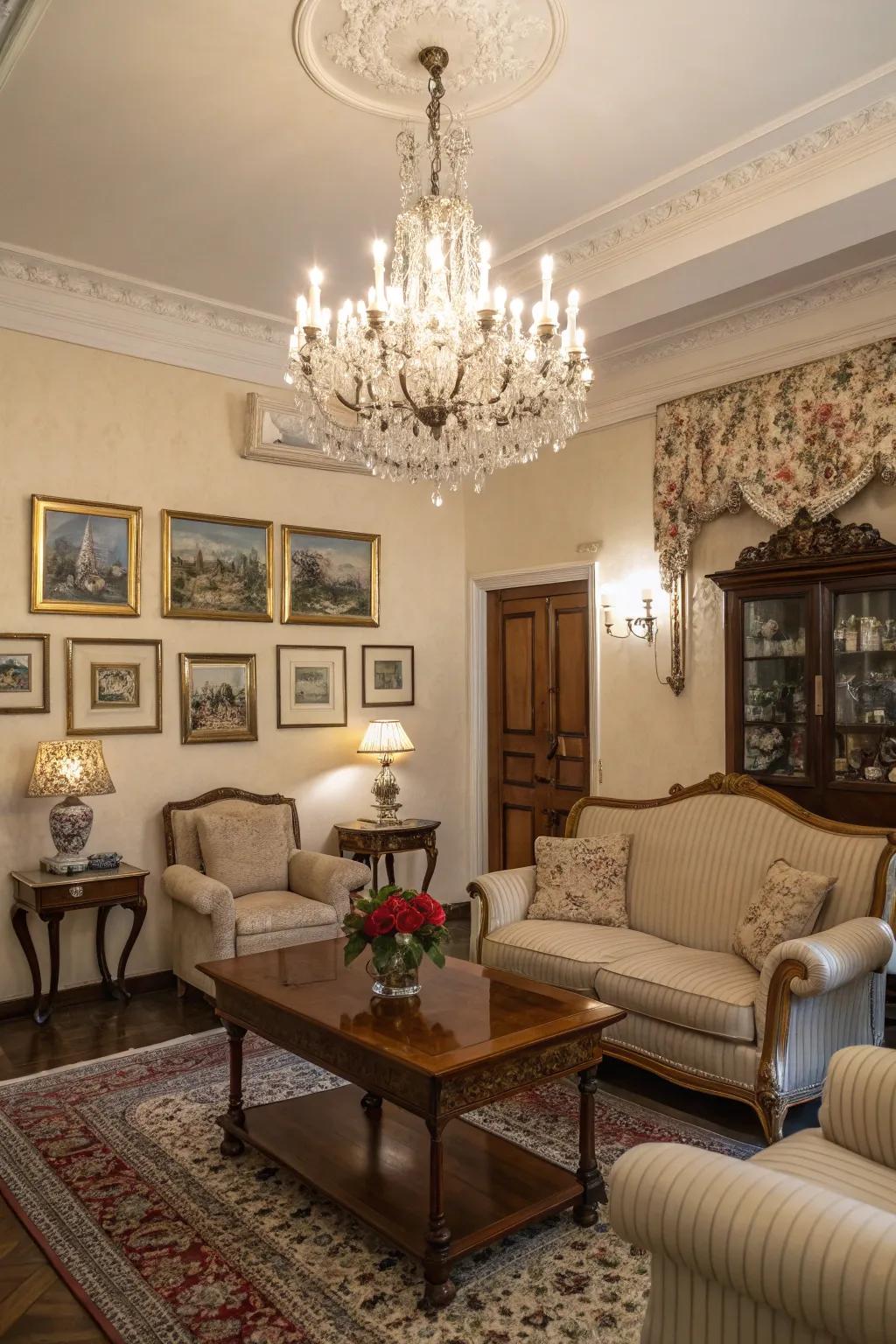 Elegant illumination fixtures inject sophistication into a classic living space.