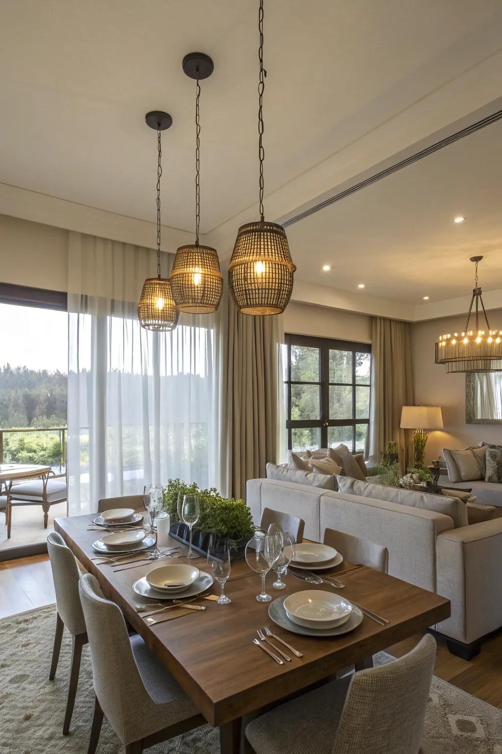 Pendant fixtures define the dining area within an open floor plan.