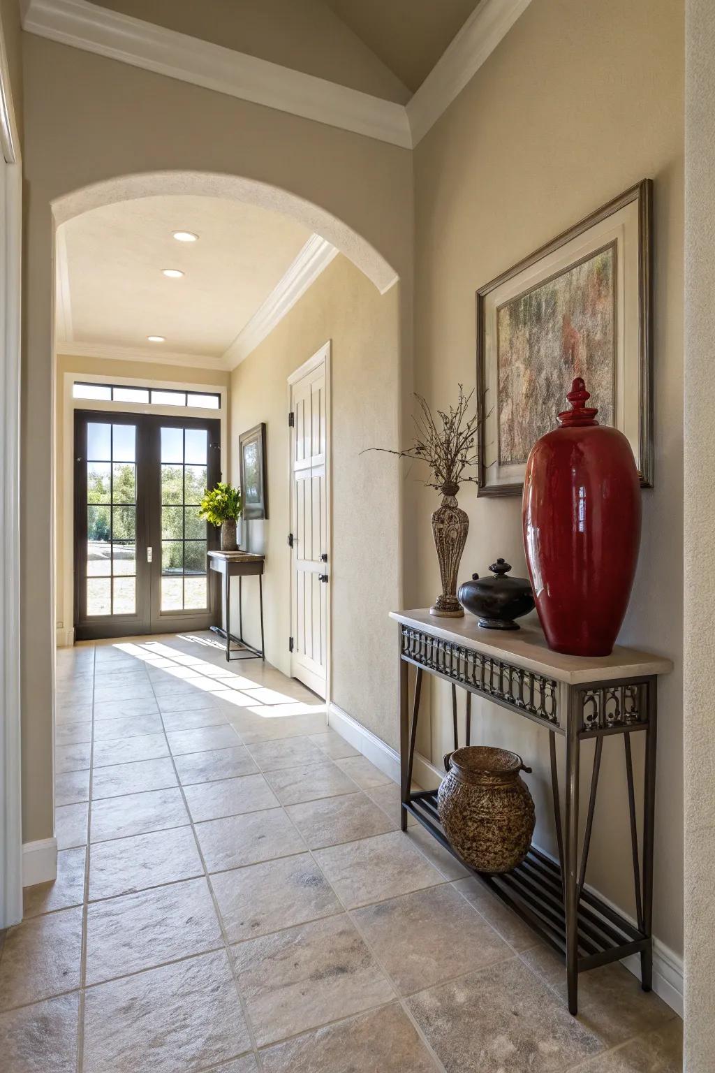 A splash of color can revolutionize a neutral entryway into an attention-grabbing space.