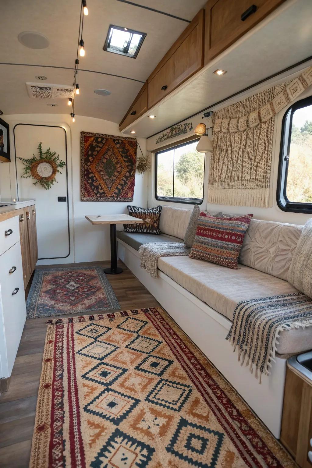 Inside a travel trailer, the patterned rugs and textured art on the walls give the space more character.