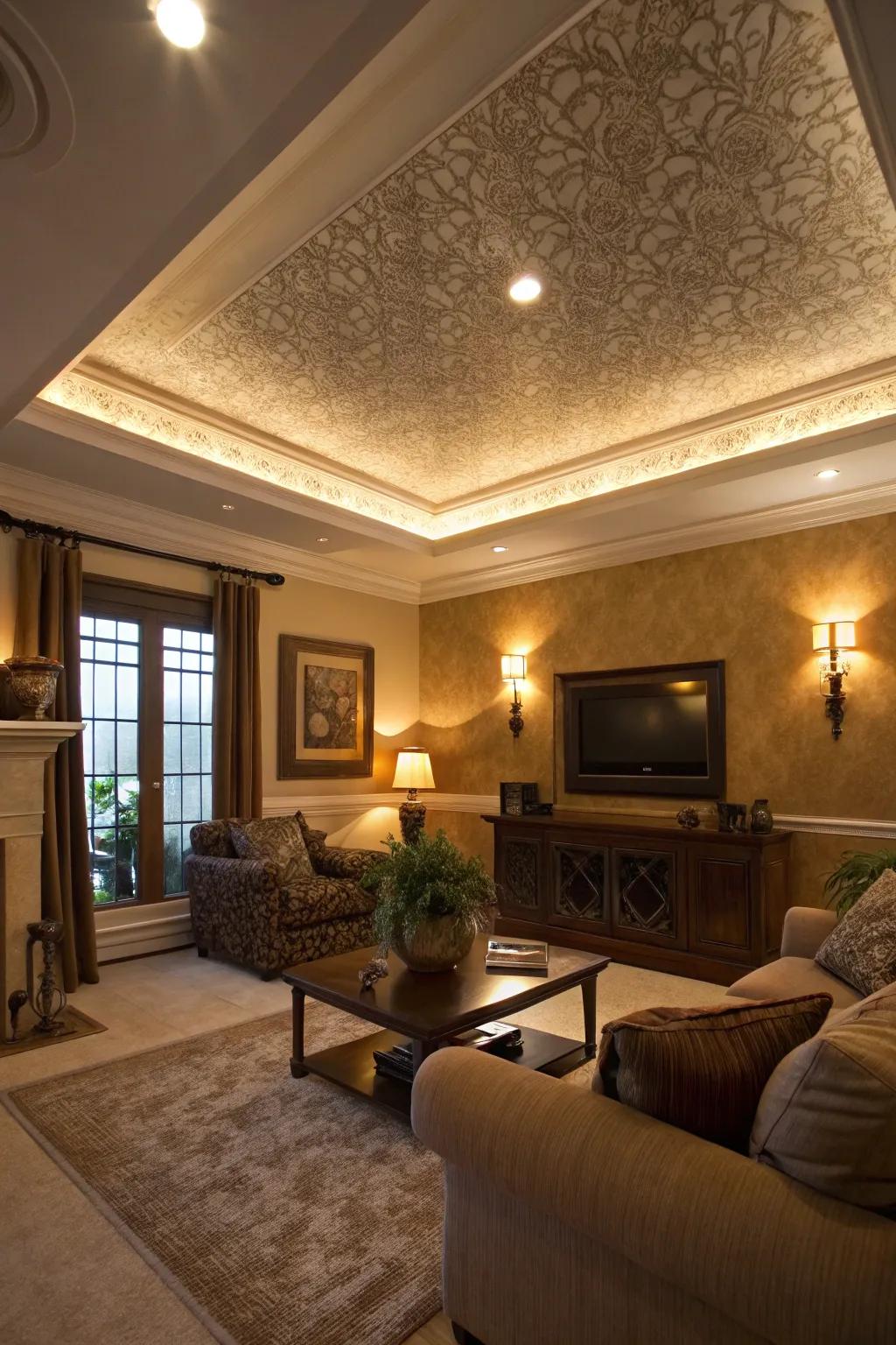 A living room enhanced by a tray ceiling demonstrating varying shades and textures.