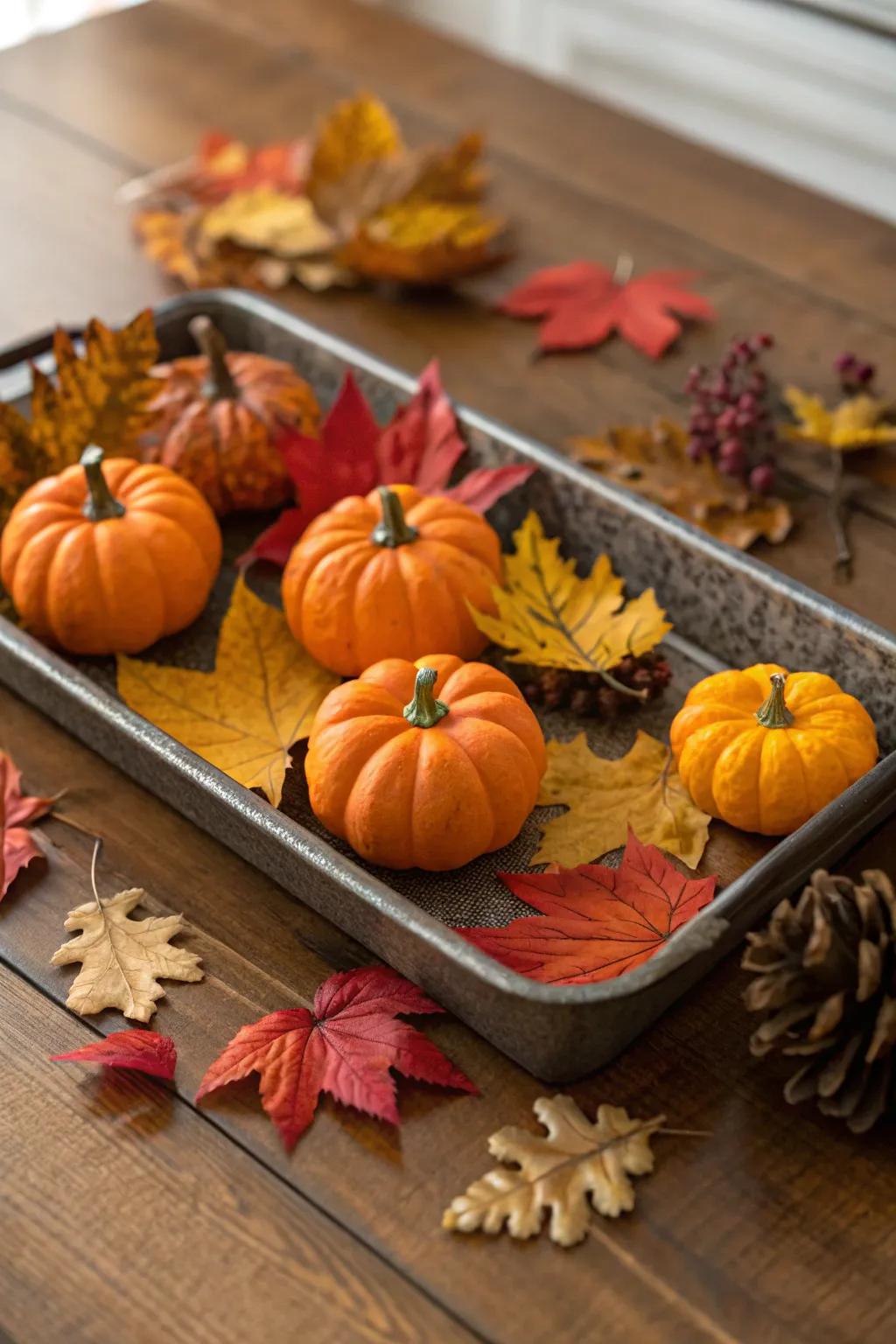 An autumn-themed tray adorned with gourds and fall foliage.