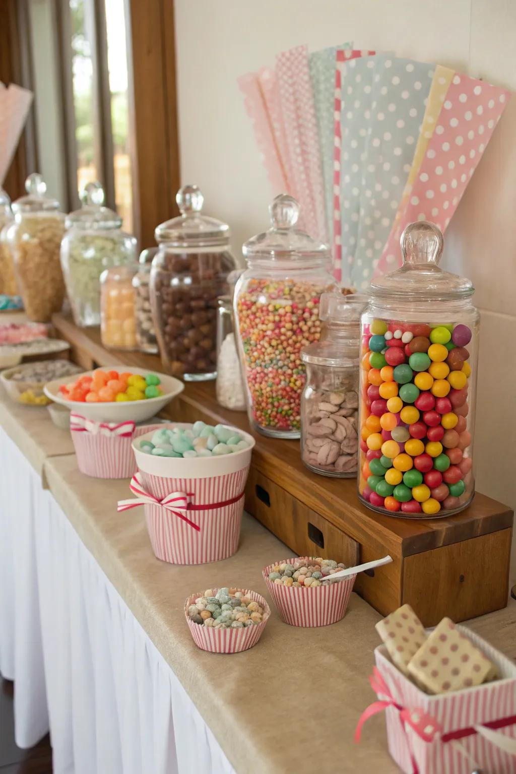Confectionery exhibit featuring containers brimming with assorted candies.