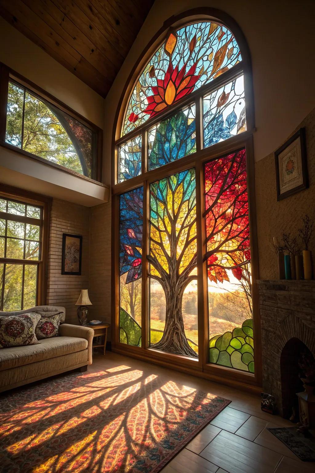 A vibrant stained glass Arbor Vitae floods a room with light and color.