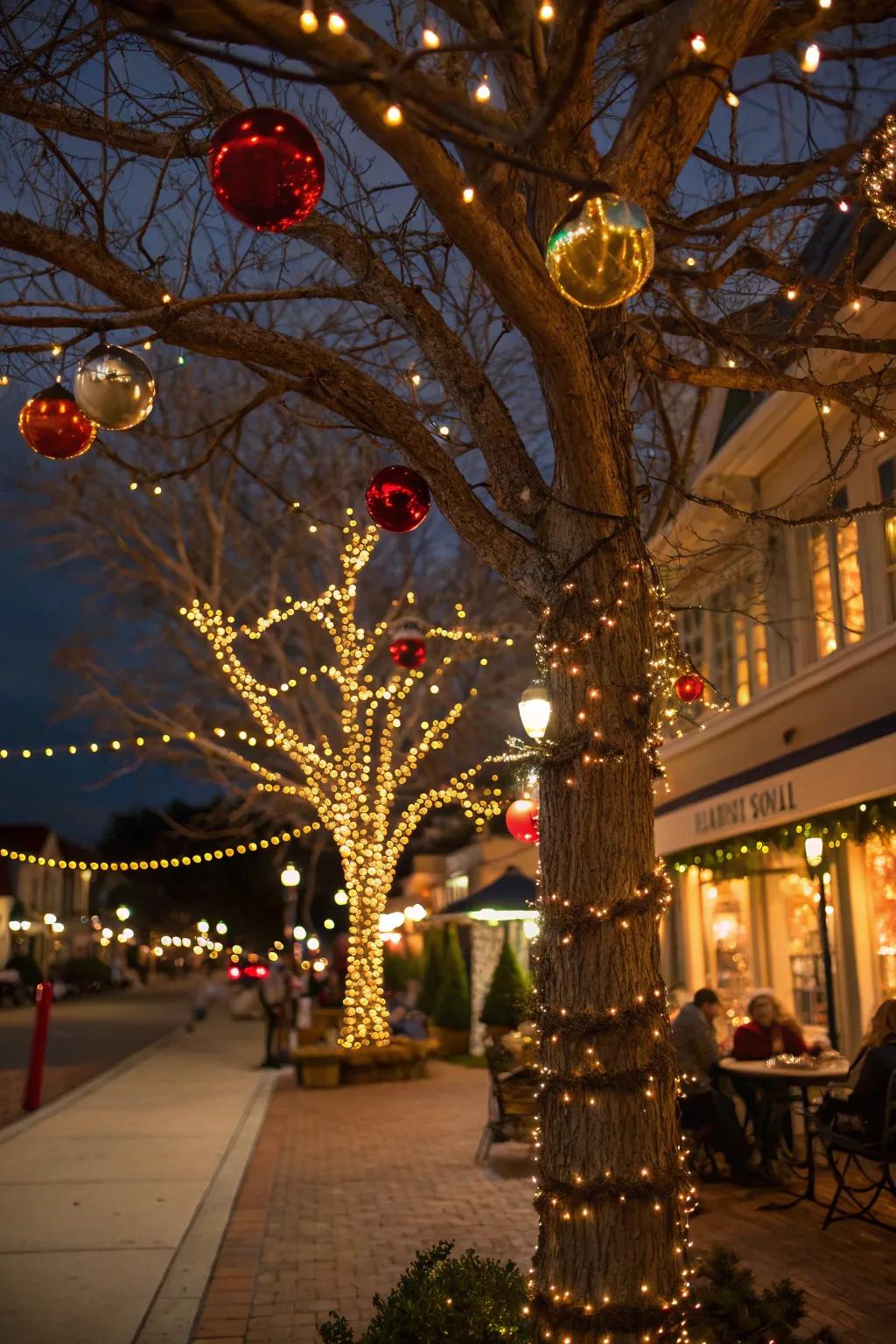 Holiday lights add a festive touch to trees in your garden.