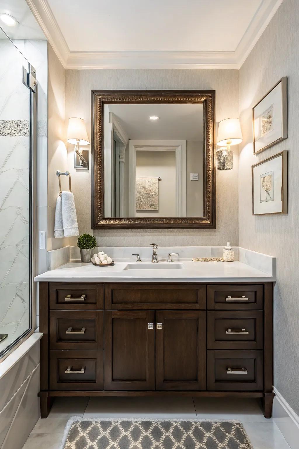 A bathroom featuring a showpiece mirror that enhances the vanity space.