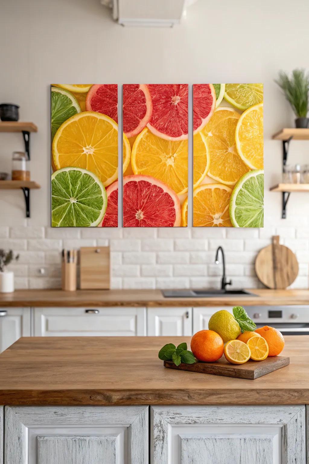 Citrus slices in a vibrant triptych ideal for the kitchen.