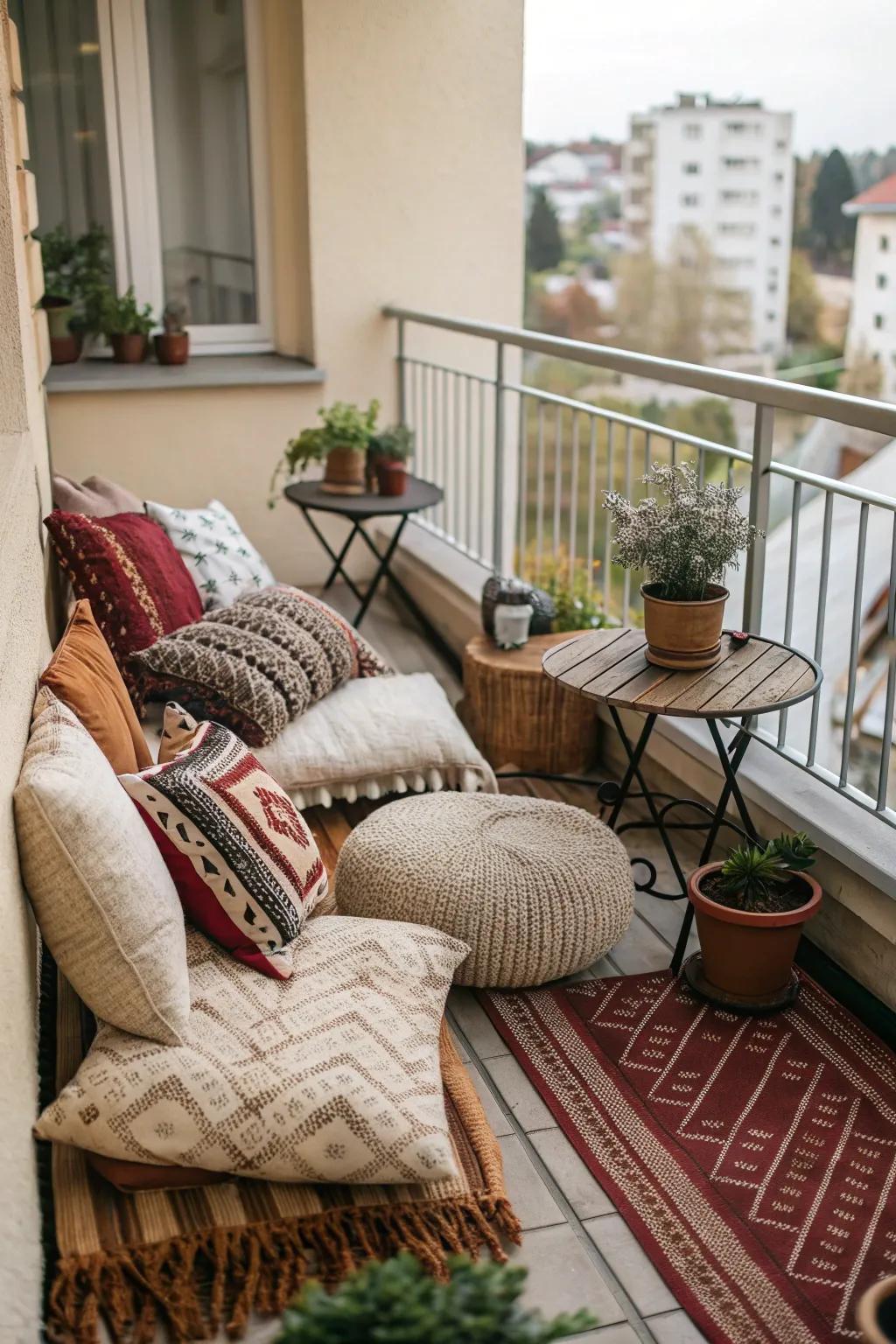Combine different textures to add depth and interest to your balcony.