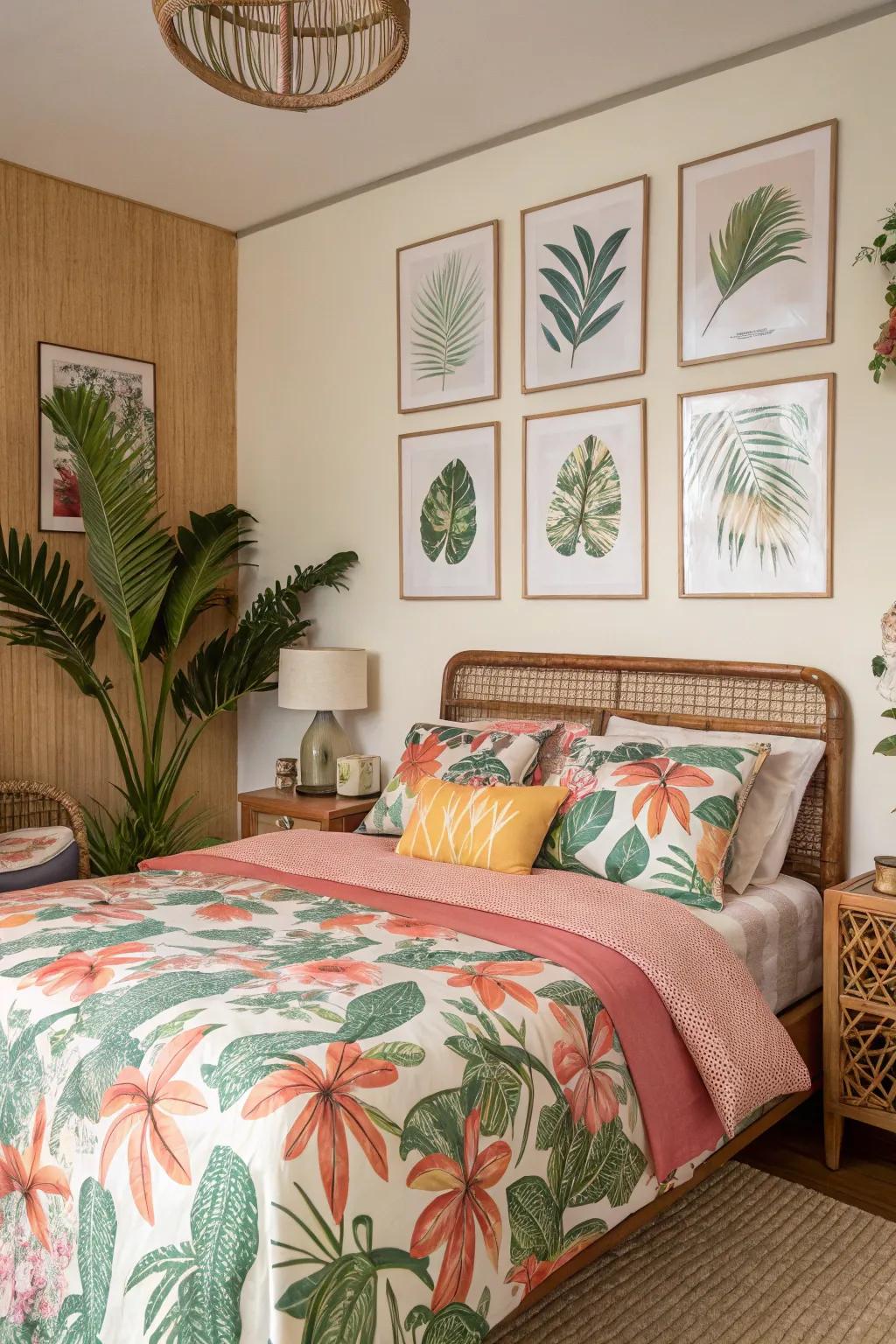 Tropical graphics instill personality and warmth into your bedroom.