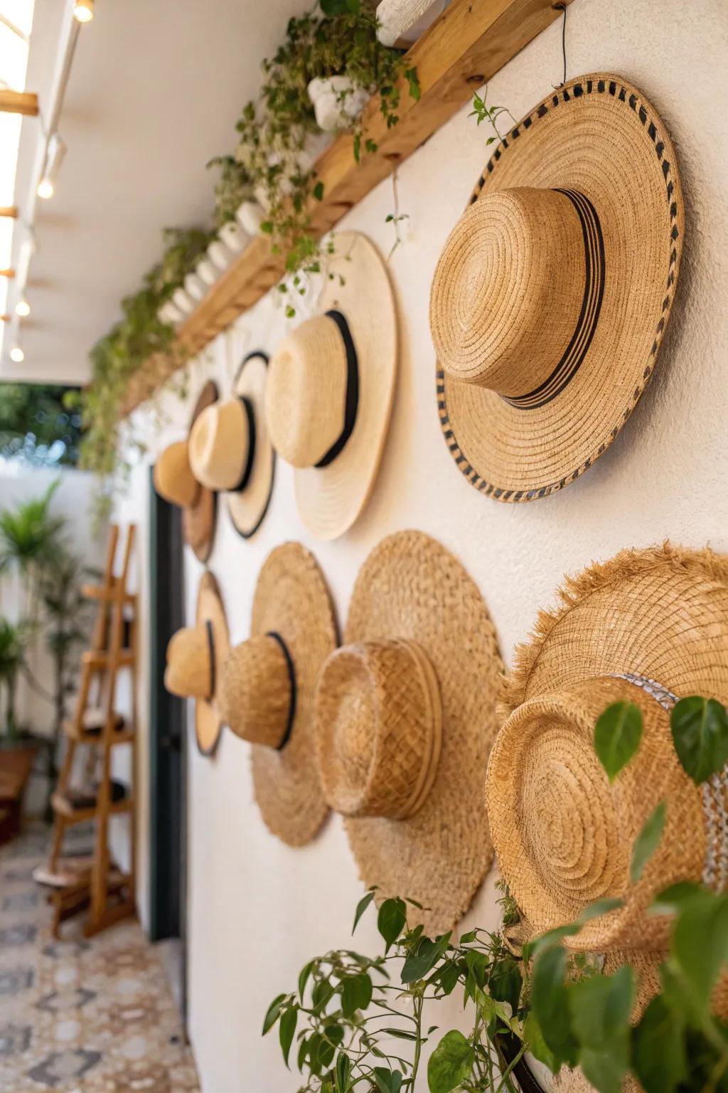Woven hats evoke a relaxed, island feel on walls.