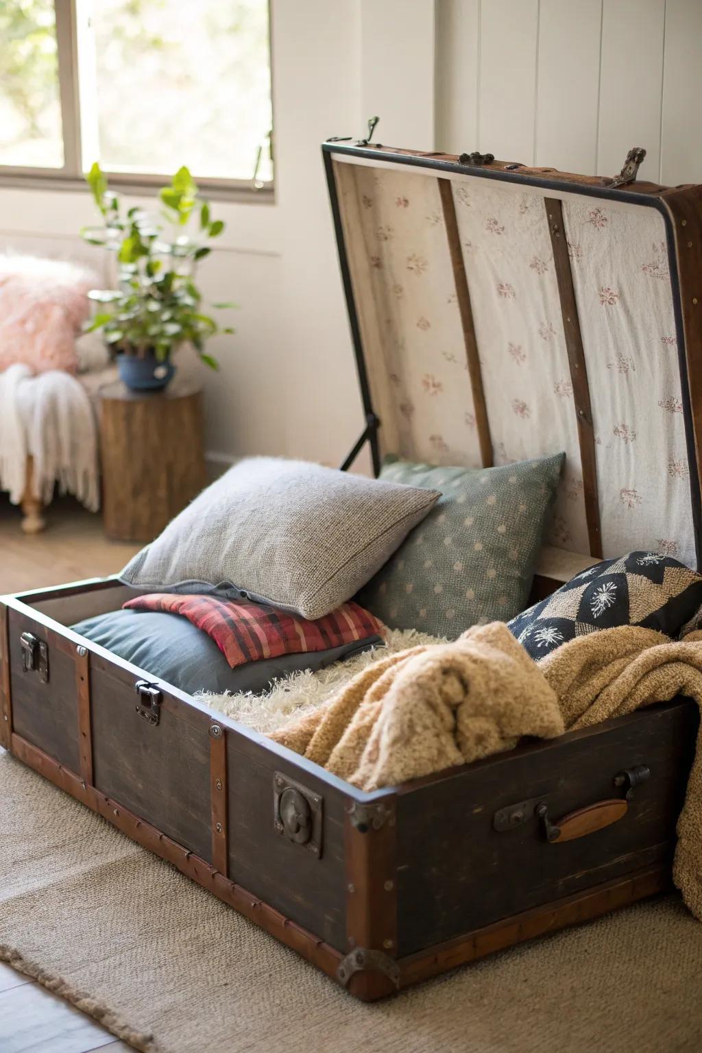 A trunk transformed into a comfy pet bed, ideal for any furry companion.