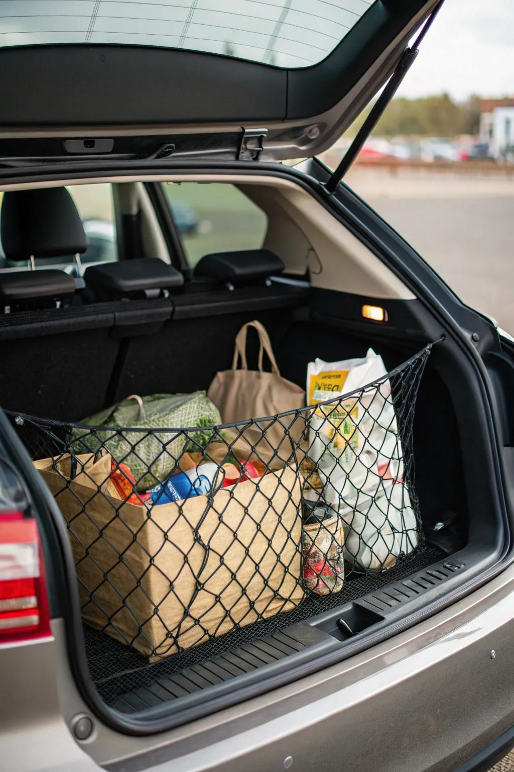 Web netting holding shopping and small items securely in the trunk.