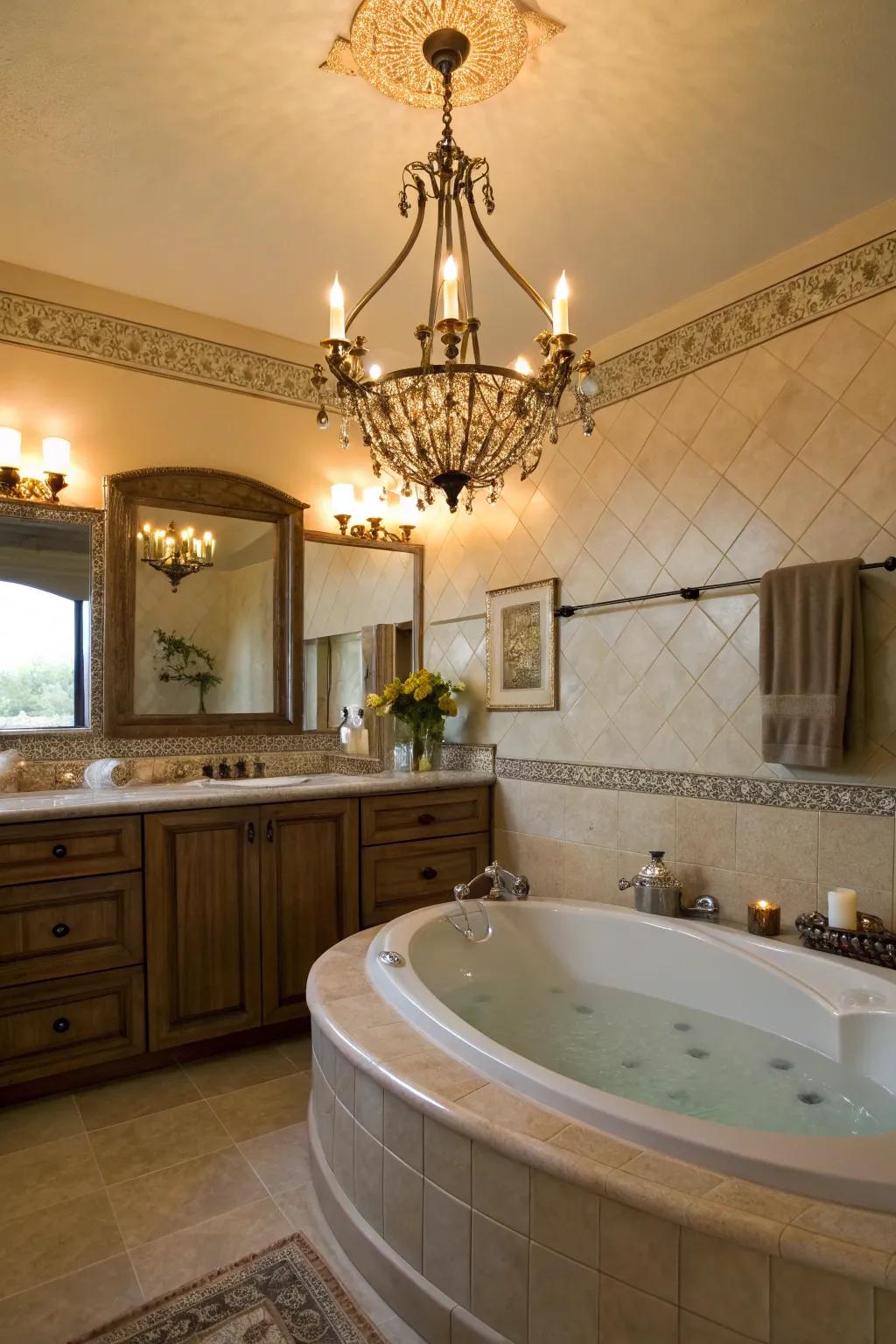 A tub surround elegantly illuminated by an ornate chandelier.