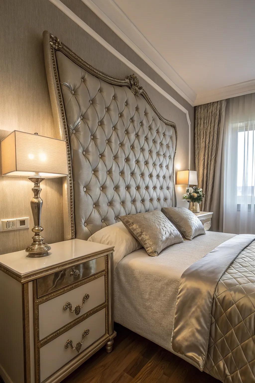 A glamorous bedroom showcasing a metallic-accented tufted headboard.