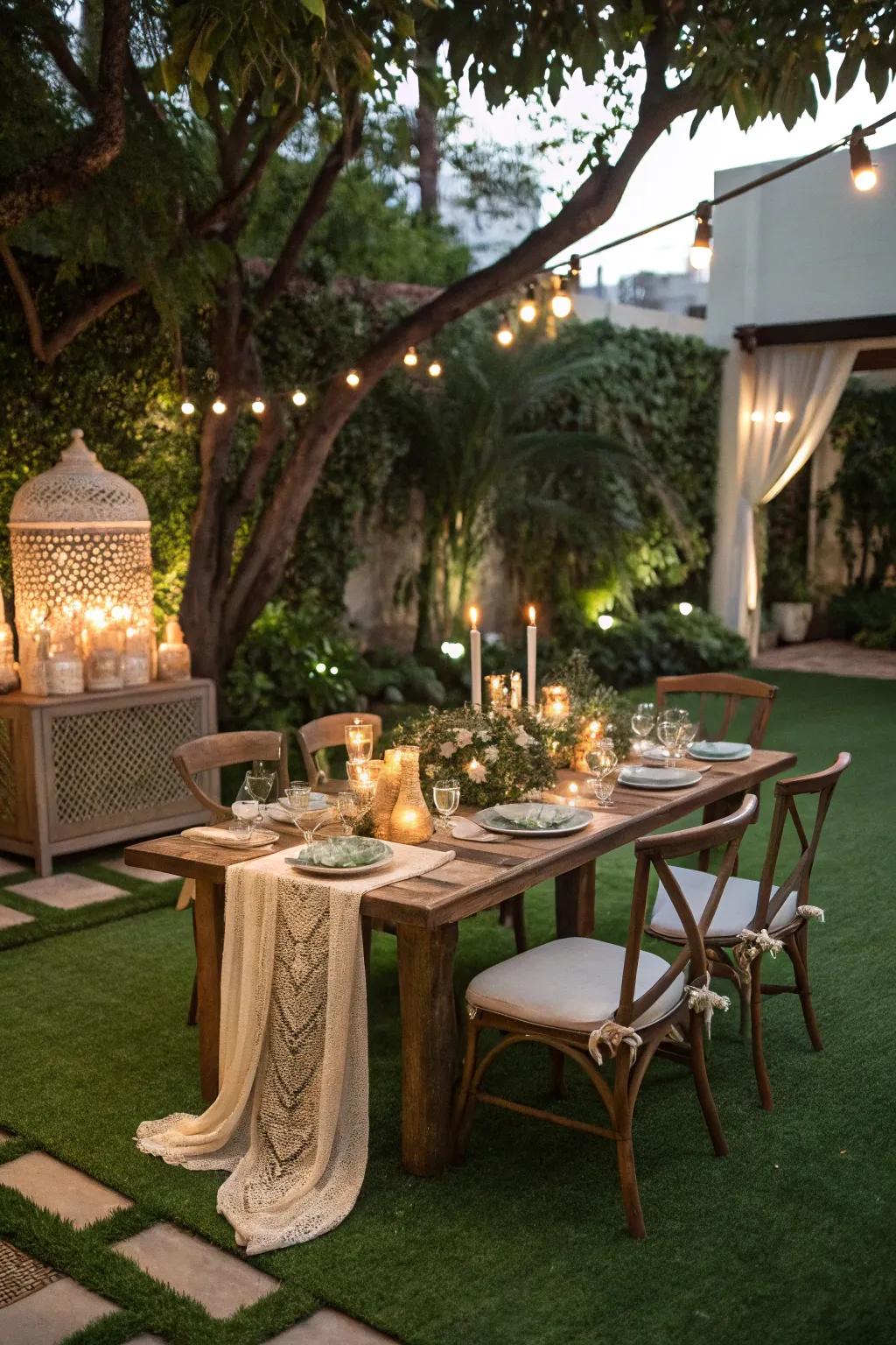 A picturesque dining arrangement set upon a turf patio.